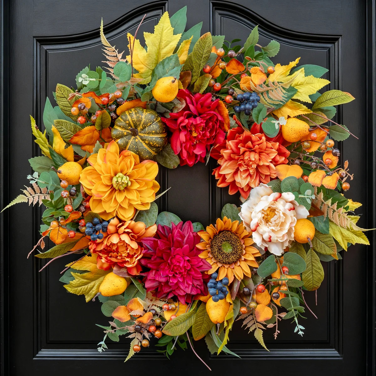 24" Large Harvest Wreath with Realistic Pears, Pumpkins & Sunflowers Autumn Fall Front Door Decor | Wayfair North America
