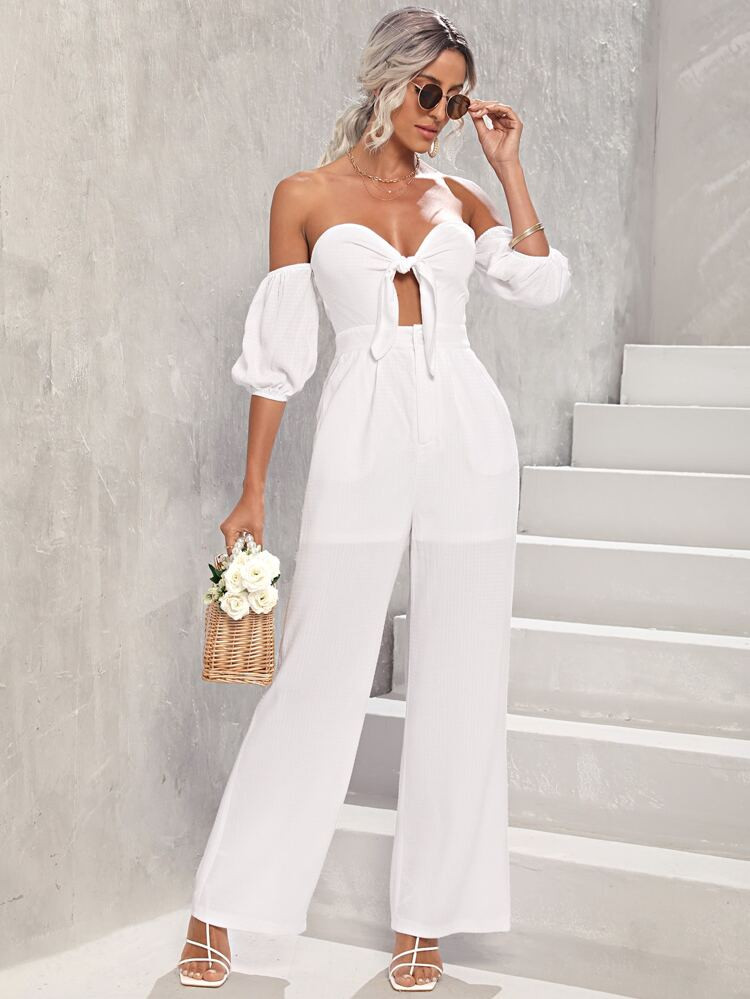 Off Shoulder Knot Front Cut Out Jumpsuit | SHEIN