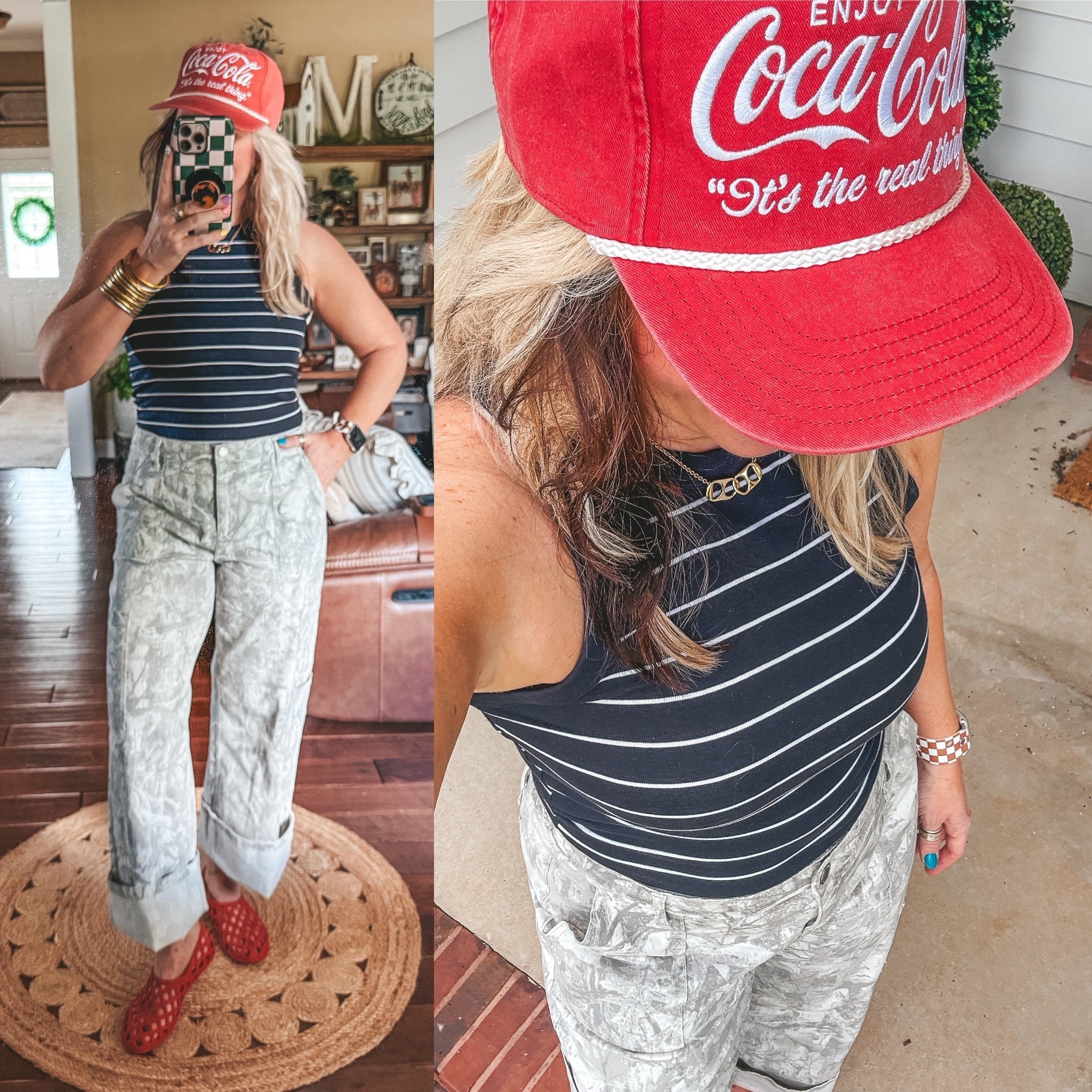 Also styled this striped tank with these light. camo and loved! This hat is Walmart too. ♥️