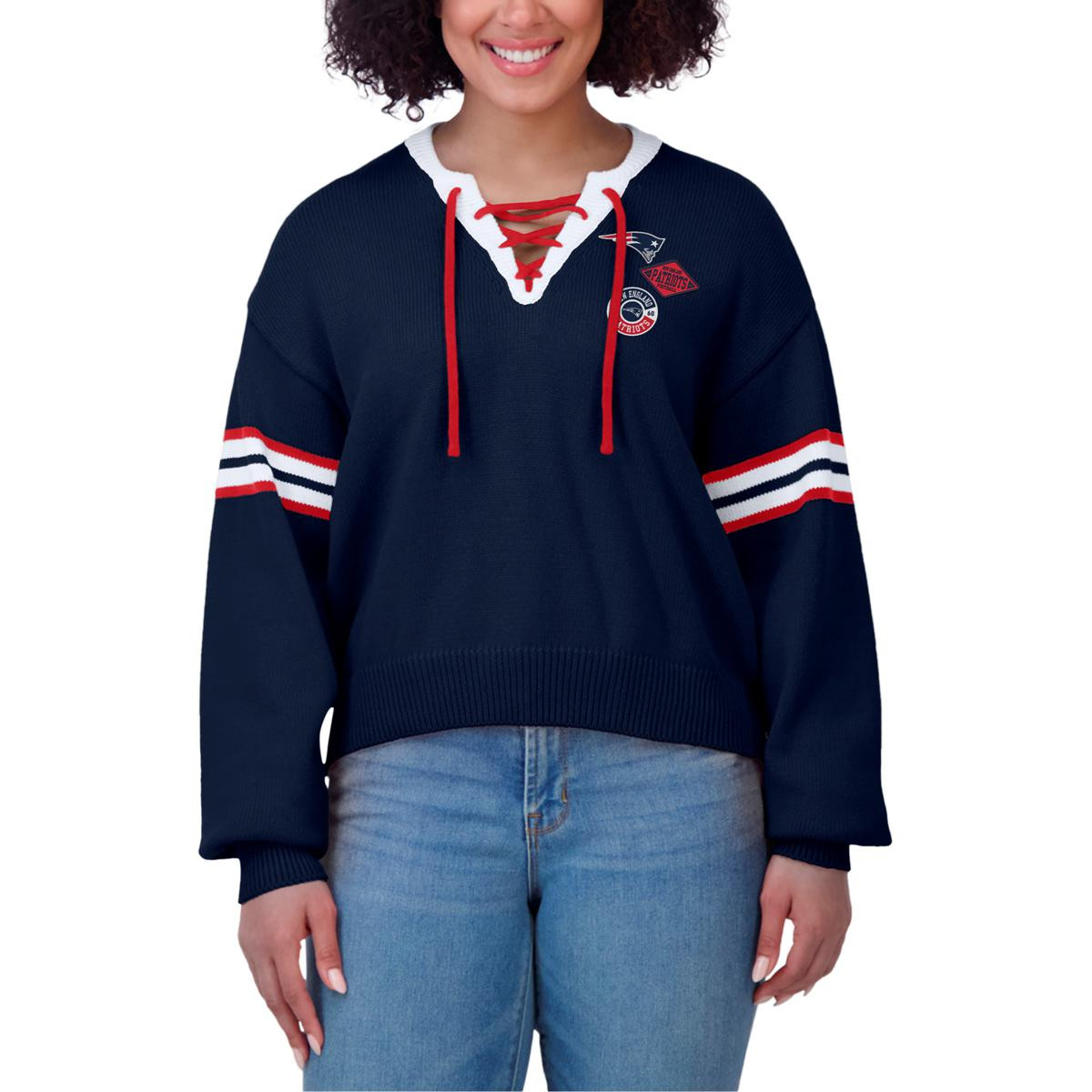 Officially Licensed NFL WEAR by Erin Andrews Lace Up Pullover Sweater - Patriots | HSN | HSN