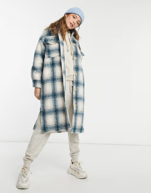 Pull&Bear long overshirt shacket in blue and tan plaid | ASOS (Global)