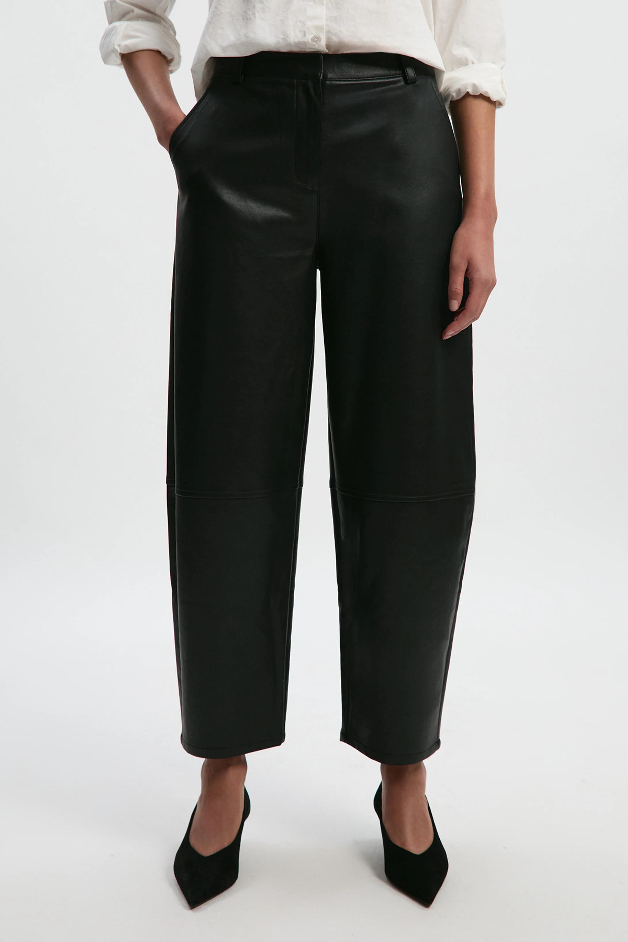 Faux Leather Barrel Leg Trouser | Karen Millen UK + IE + DE + NL
