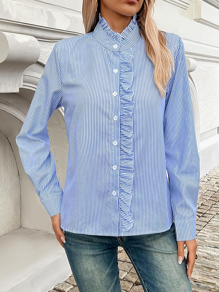 Amazon.com: Fall Women's Striped Button Front Shirts Mock Neck Long Sleeve Office Blouse Tops Blu... | Amazon (US)