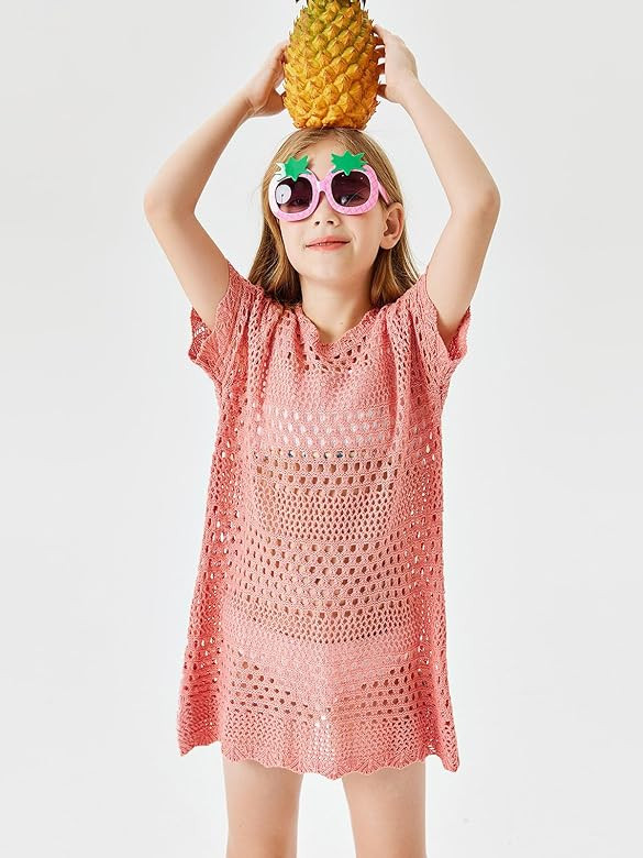 Batermoon Girls Swim Cover Up Crochet Bathing Suit Cover Ups Short Sleeve Summer Beach Dress 5-14... | Amazon (US)