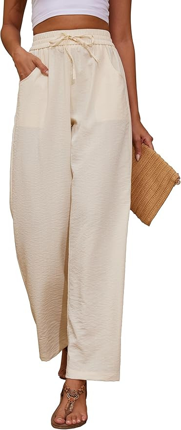 KICZOY Women Flowy Pants Drawstring Waist Wide Leg Palazzo Beach Pants Loose Fit with Pockets | Amazon (US)