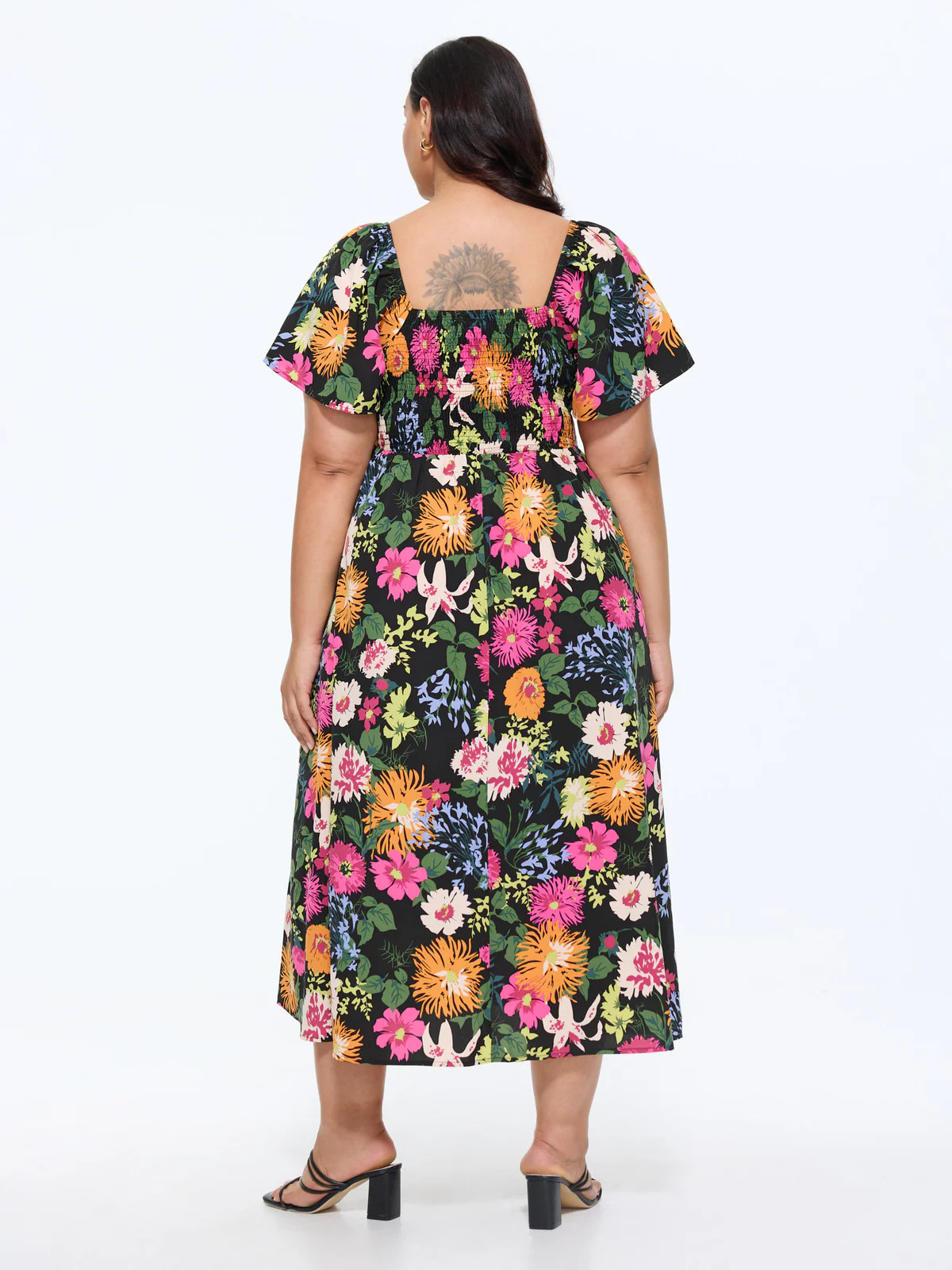Floral Shirred Square Neck Pocket Midi Dress | Bloomchic