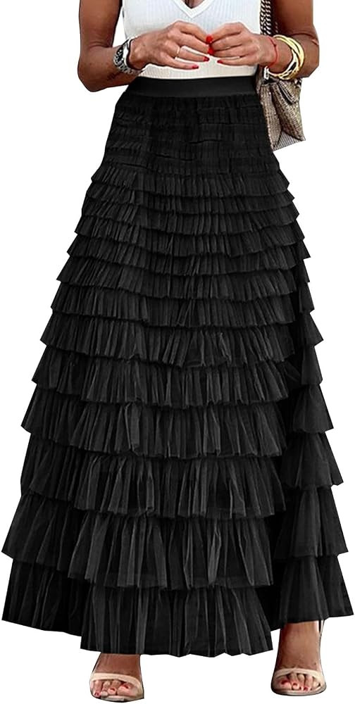 Flygo Women Long Maxi Tiered Tulle Skirts A Line Ruffle Layered Fairy Skirt | Amazon (US)