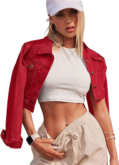 Grabsa Women's Button Down Long Sleeve Cropped Denim Jean Jacket with Pockets | Amazon (US)