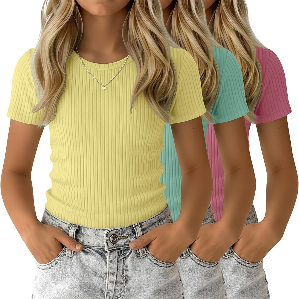 3 Pack Girls' Shirts Cute Basic Tees Tween Summer Ribbed Top Teens Short Sleeve Vacation T-Shirt ... | Amazon (US)