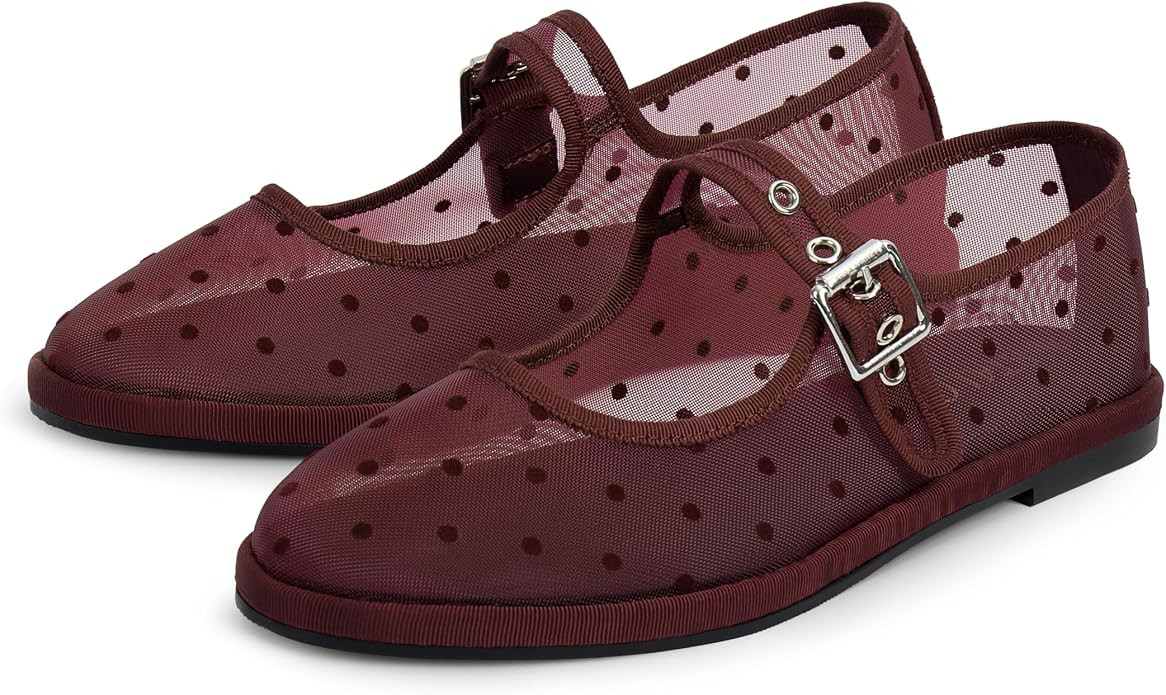 STALOV Mesh Ballet Flats for Women Polka Dot Round Toe Mary Jane Flats Strap Buckle Casual Baller... | Amazon (US)