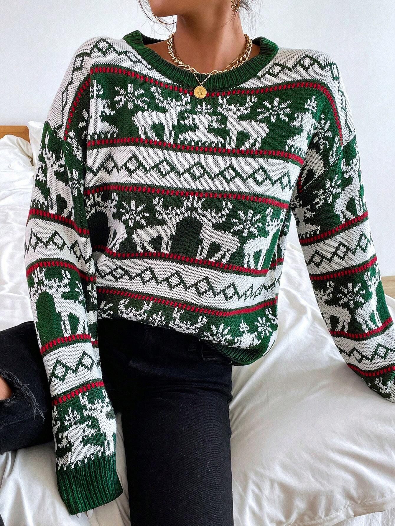 SHEIN LUNE Christmas Pattern Drop Shoulder Sweater | SHEIN