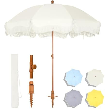 AMMSUN 7ft Patio Umbrella with Fringe Outdoor Tassel Umbrella UPF50+ Premium Steel Pole and Ribs ... | Amazon (US)