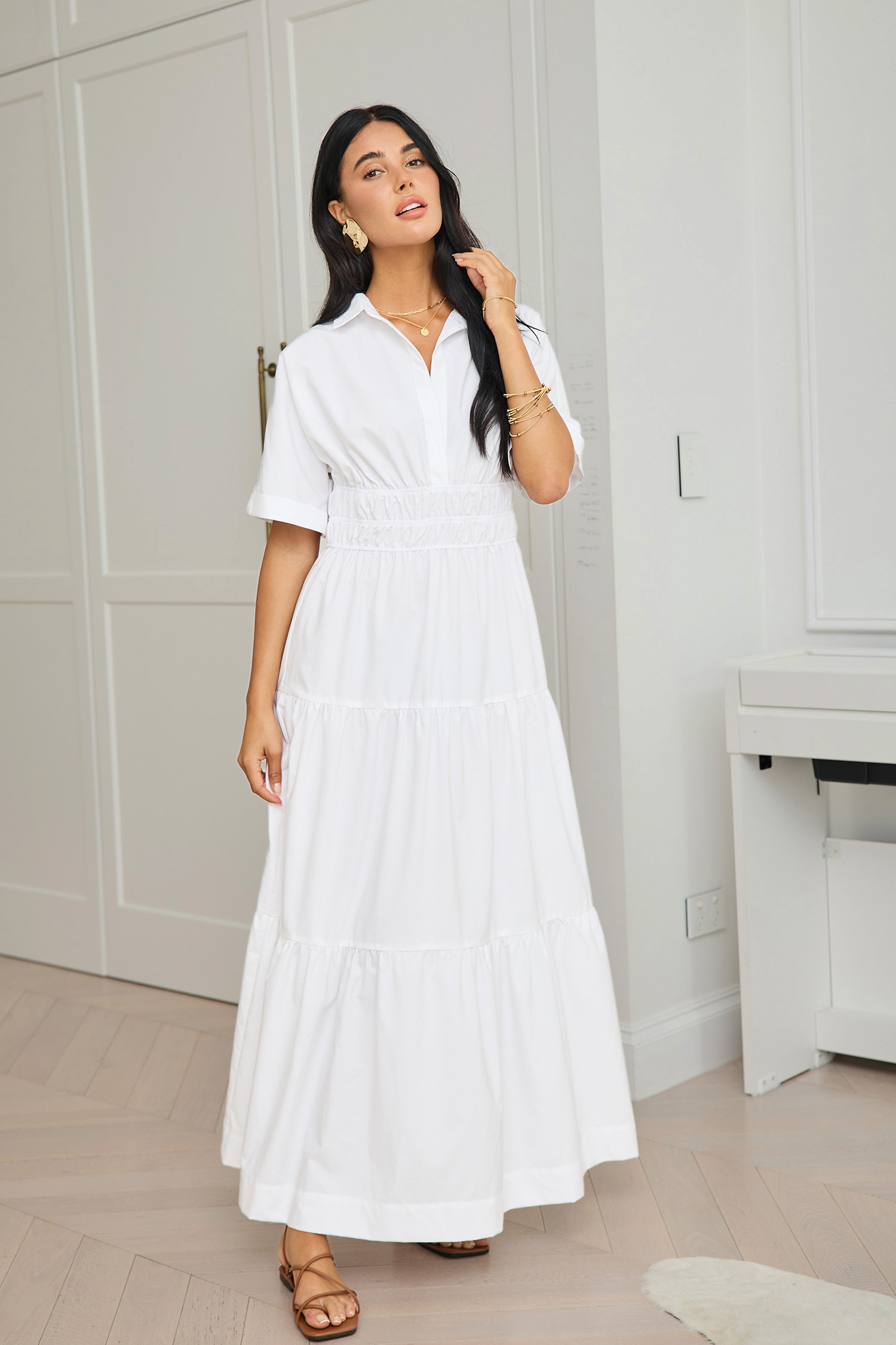 White Collared Smocked Waist Maxi Dress | Cupshe US