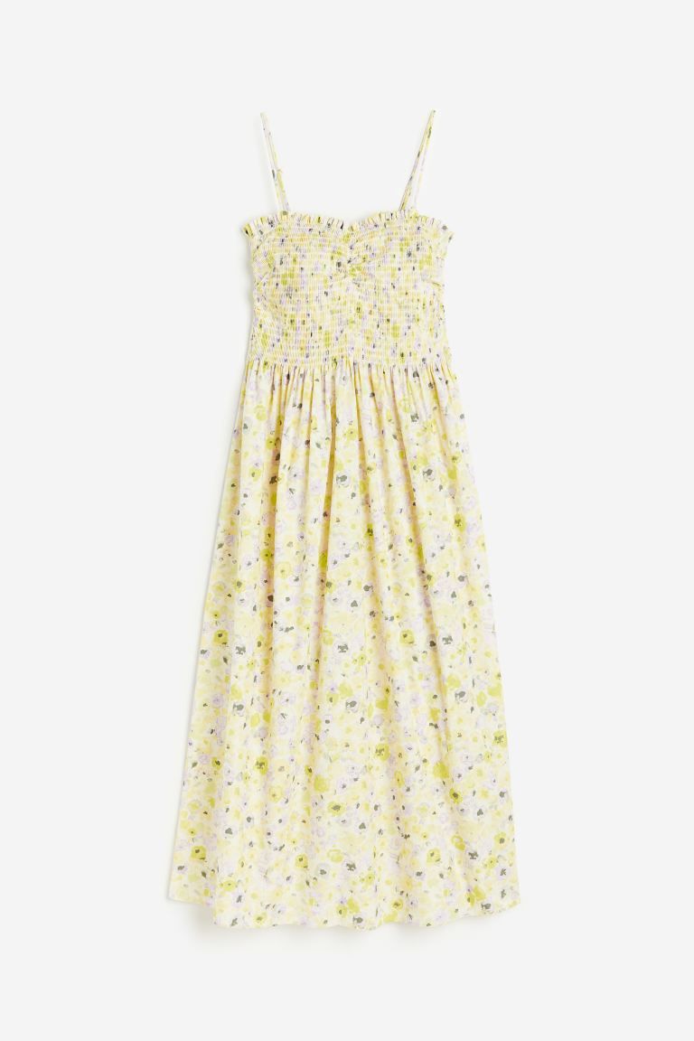 Smocked Cotton Dress - Sweetheart Neckline - Sleeveless - Light yellow/floral - Ladies | H&M US | H&M (US + CA)