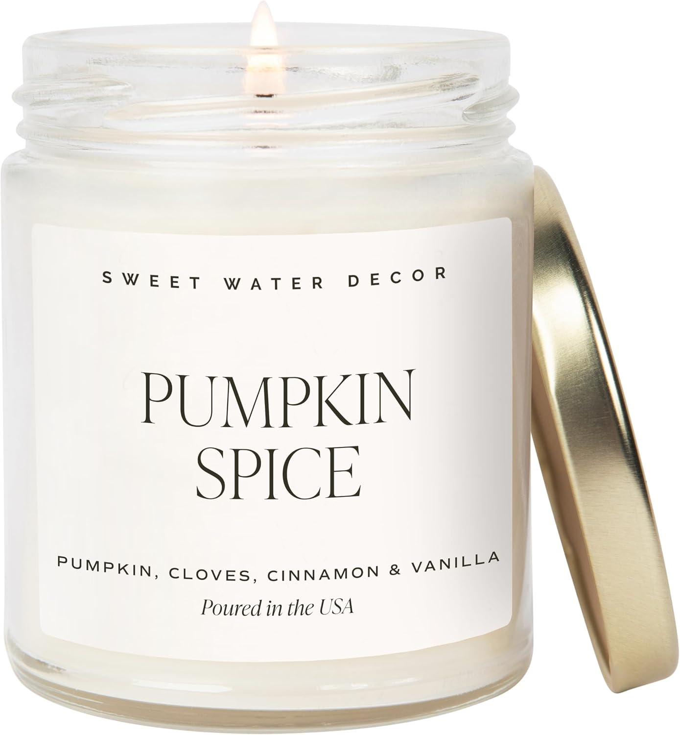 Sweet Water Decor Pumpkin Spice Candle - Fall Candles with Pumpkin, Clover, Cinnamon & Vanilla Scent for Home - Pumpkin Candle with 40 Hours Burn Time - 9Oz Gold Lid Clear Jar Pumpkin Soy Candles | Amazon (US)