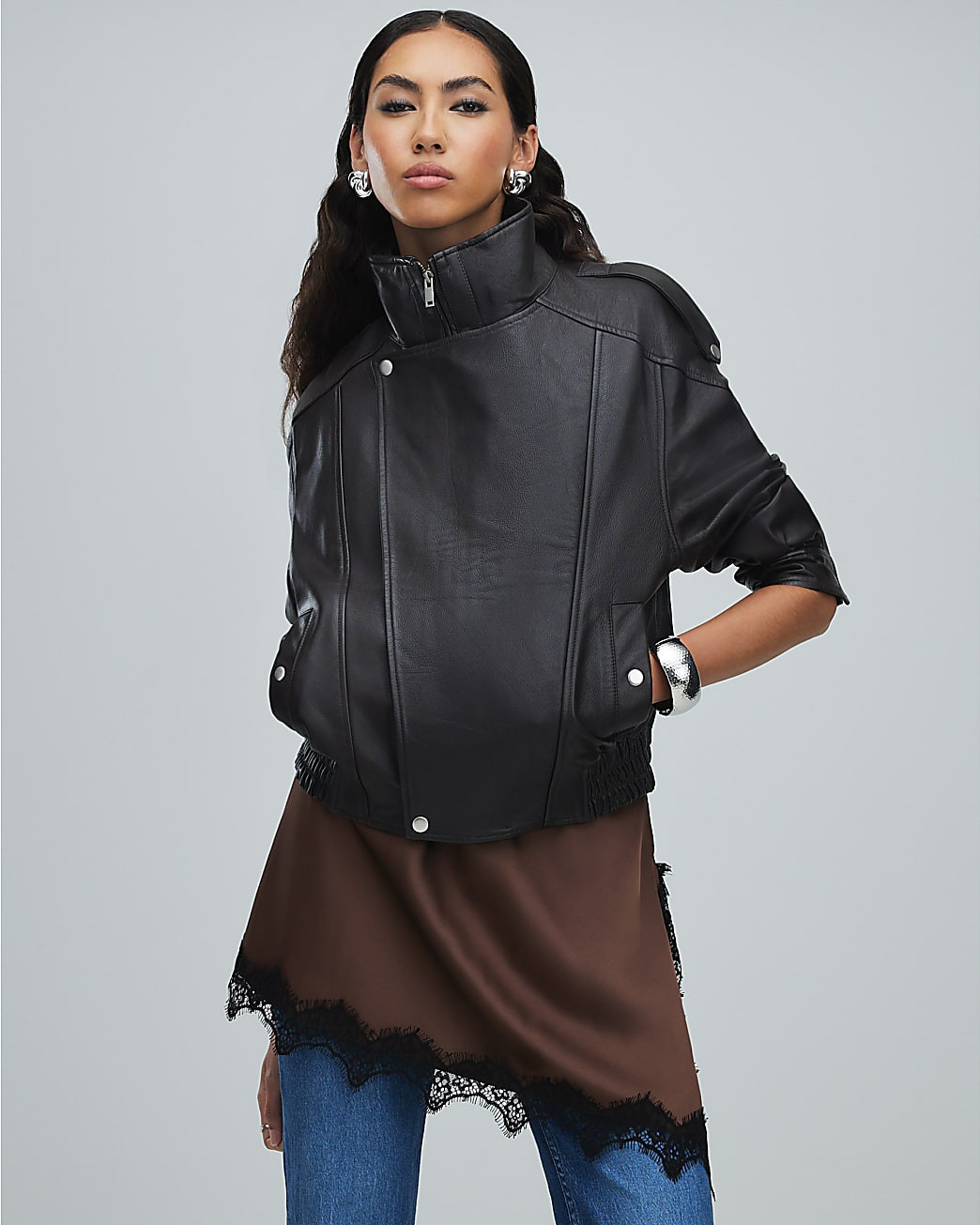 Brown Funnel Neck Leather Bomber Jacket | River Island UK & IE