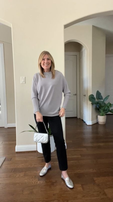 Simple black pants. Pullon style. Super versatile. Slim straight style. These run SNUG. Relaxed knit chenille boat neck sweater. Lots of colors. Dolman sleeves. Oversized. Runs tts. This color is Light melange. Linking accessories.⬇️

🎉Discount code for pants:
CINDYXSPANX

Discount code for sweater: CINDY10