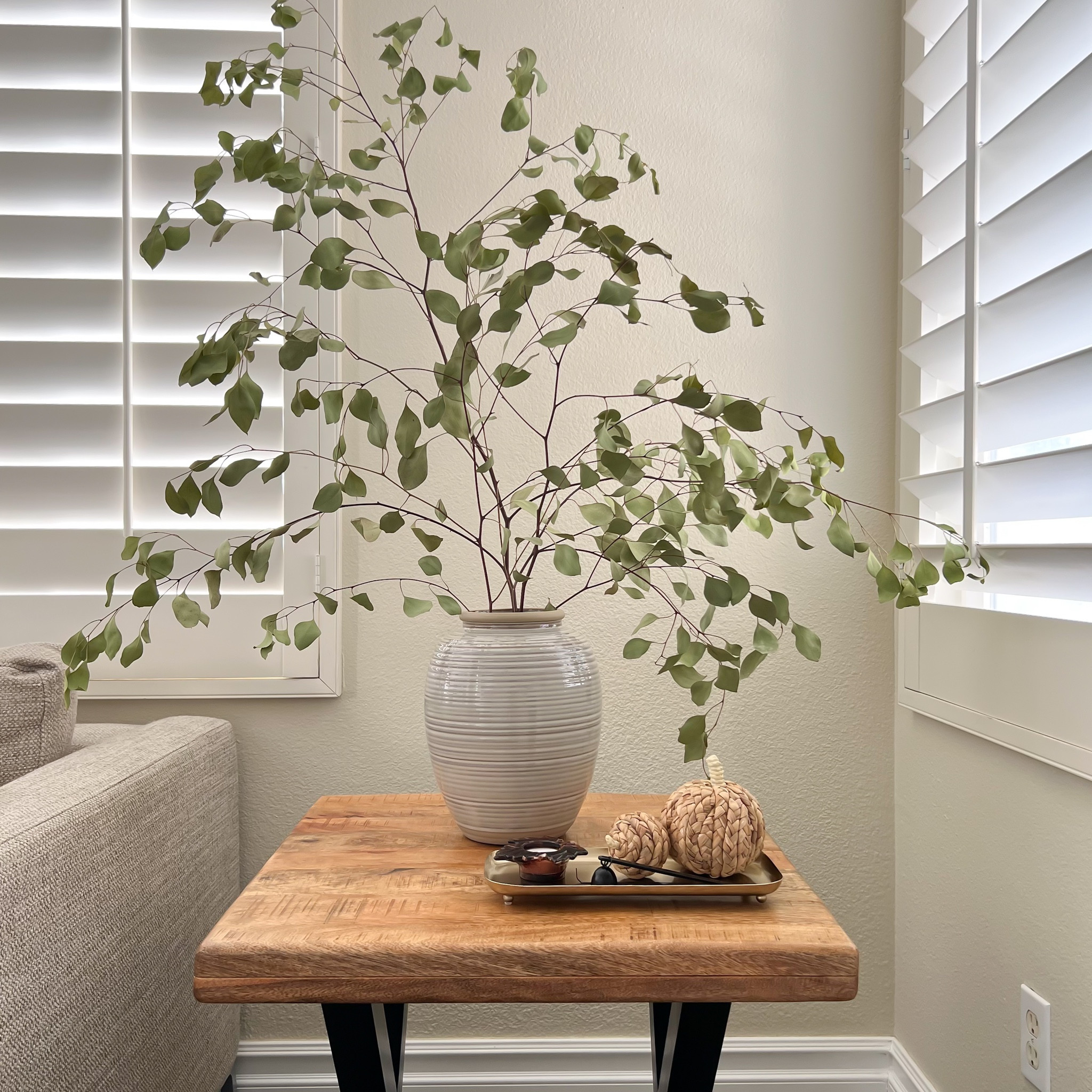 End table styling! 

Living room decor, mango wood side table, decorative pumpkins, candle holder, ceramic vase, grey vase, fall stems, eucalyptus stems, woven pumpkins 

#LTKhome #LTKSeasonal