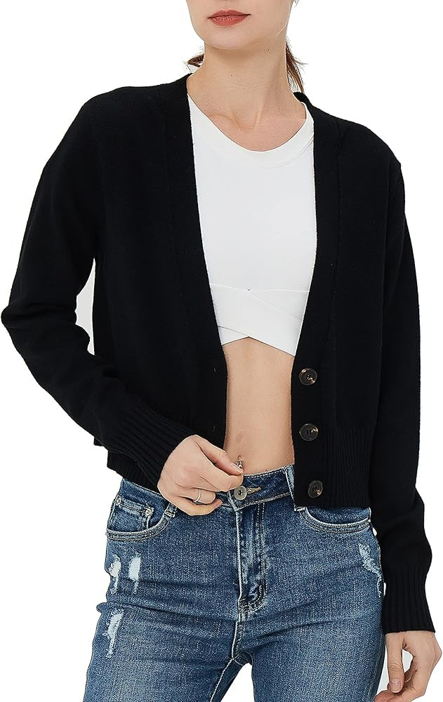 Satuun Women's Long Sleeve Cropped Cardigan V Neck Solid Button Down Knit Bolero Shrugs | Amazon (US)