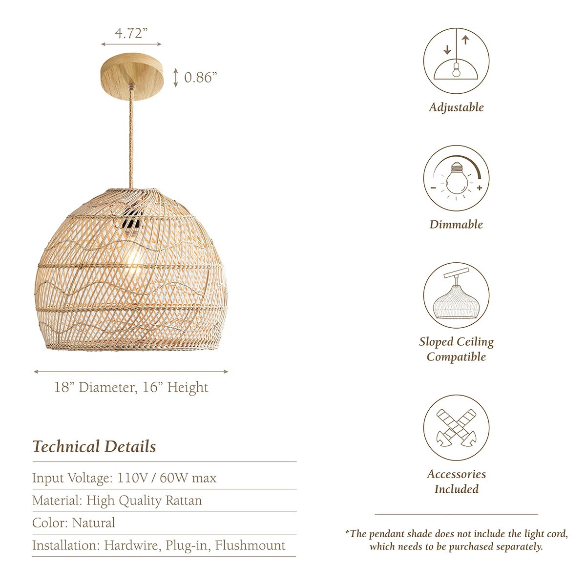 Chelvey 1 - Light Natural LED Pendant – 14'', 18", 24'' Plug-In or Hardwired Woven Dome Light F... | Wayfair North America