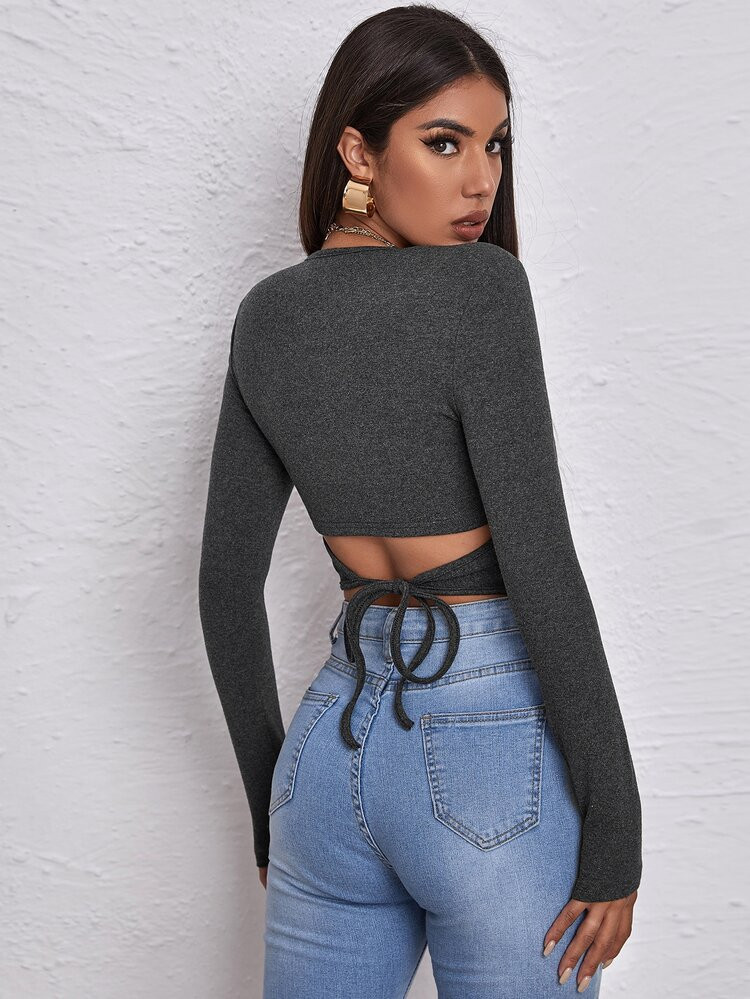 SHEIN Tied Cutout Back Crop Tee | SHEIN