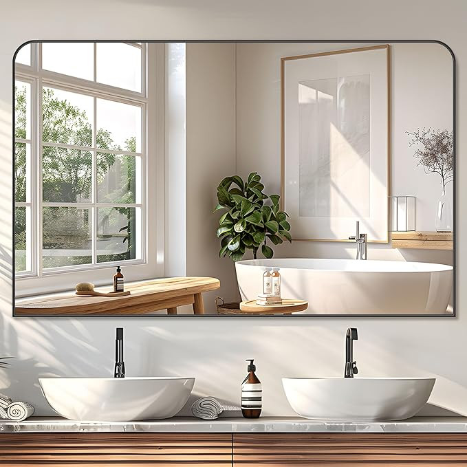 Bathroom Mirror, 48x30 Inch Wall Mirror, Black Metal Framed Wall-Mounted Mirrors, Bathroom Vanity... | Amazon (US)