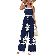 PRETTYGARDEN Womens Jumpsuit Casual One Piece Boho Summer Outfits Shirred Strap Wide Leg Long Pan... | Amazon (US)