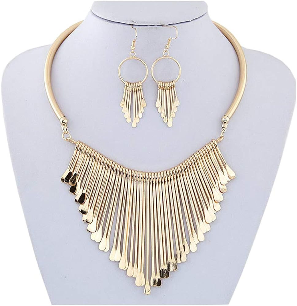 Statement Bib Necklace with Golden Metal Fringe Drop Choker Necklace Earrings Set Fashion Bohemia... | Amazon (US)