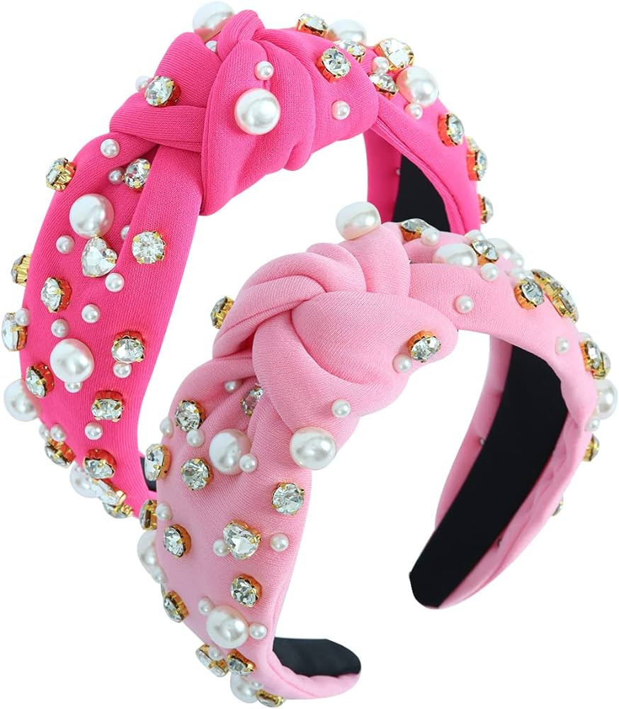 CULHEITE Pearly Knotted Women Headband 2 Pack Jeweled Embellished Heart Gem Hairband Cute Fashion... | Amazon (US)