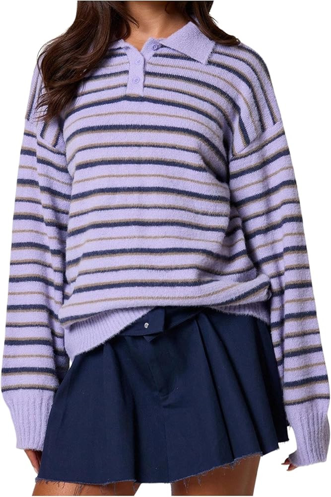 Women's Striped Lightweight Golf Sweaters Long Sleeve Collared Button Loose Fit Pullover Tops | Amazon (US)