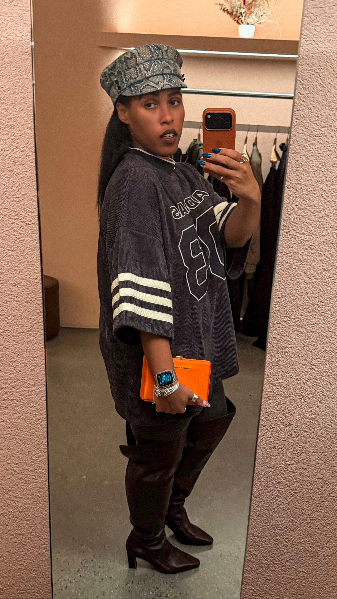 Borrowing from the boys and making it fashion 🤎 Men’s @adidas  corduroy jersey styled with grey corduroy tights and brown knee high Vince Camuto boots — the texture mixing on this one is everything. 
#LTKstyletip #LTKfindsanddeals #LTKspring #OOTD #texturestyling