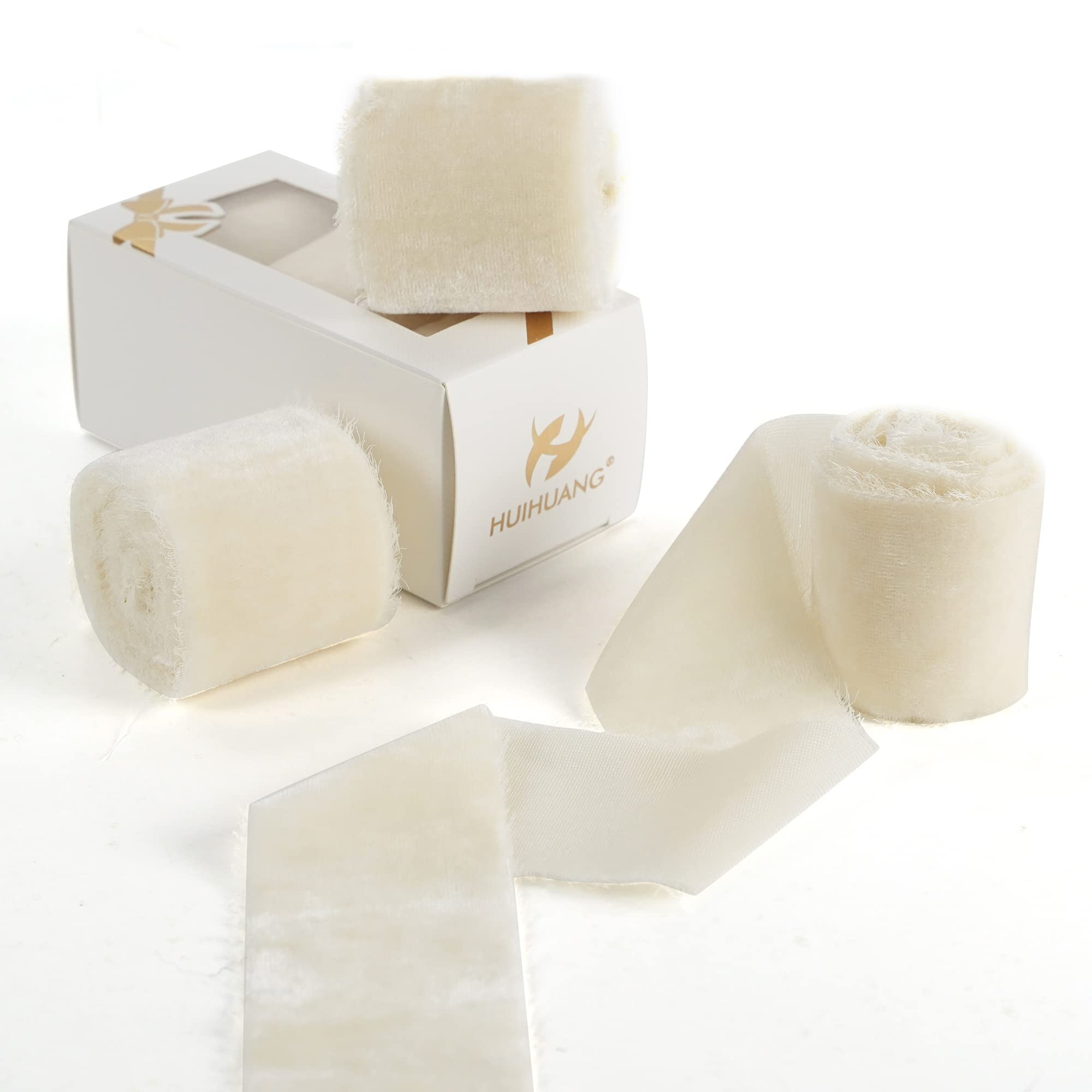 HUIHUANG 3 Rolls Frayed Silk Velvet Ribbon Ivory Fringe Ribbon Raw Edge Rustic Wedding Ribbon for... | Amazon (US)