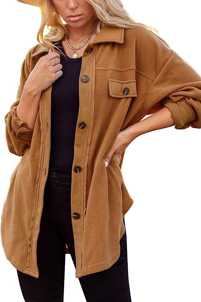 Merryfun Womens Flannel Shirt Jacket Button Down Long Sleeve Oversized Shacket Coat Loose Casual ... | Amazon (US)