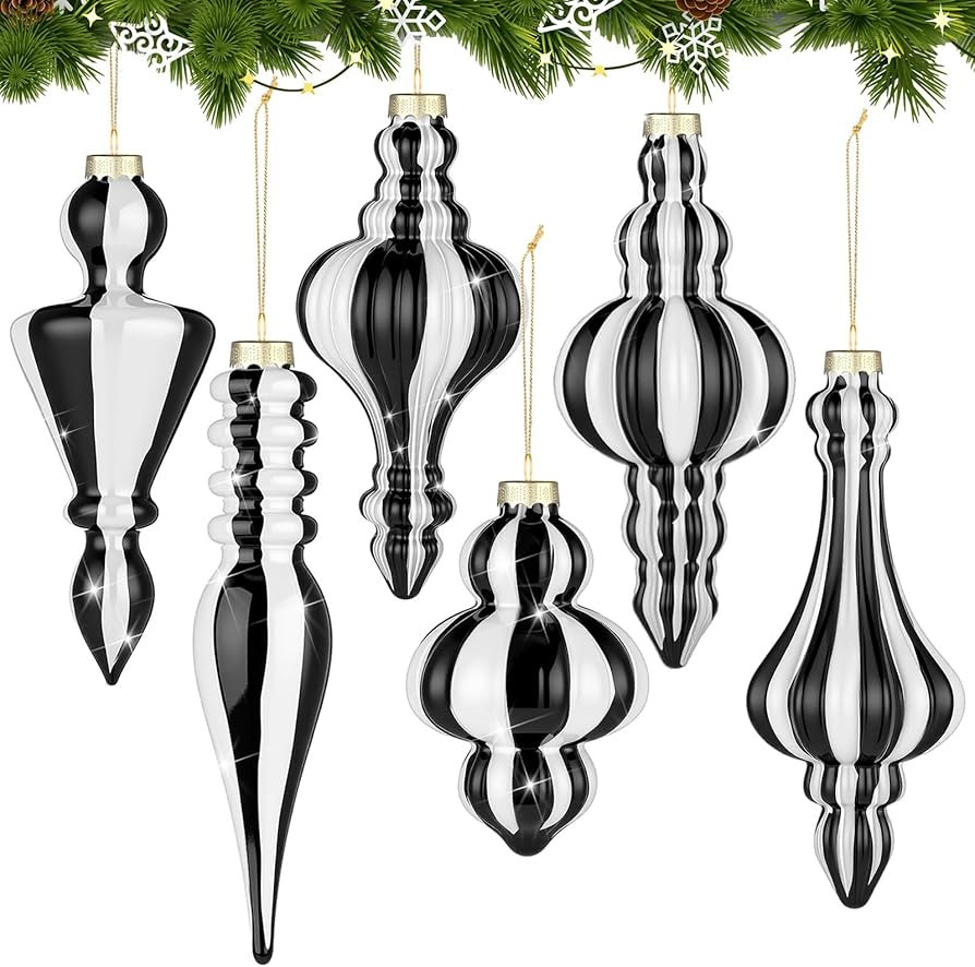 Soaoo 6 Pcs 6.3 Inch Black and White Mercury Glass Finial Christmas Ornaments Hanging Christmas F... | Amazon (US)