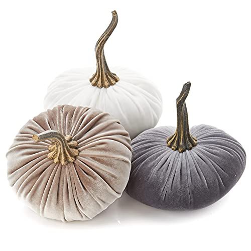 6.25 Inch Large Velvet Pumpkins Set of 3 Includes Gray Ivory and Taupe, Handmade Home Decor, Holi... | Amazon (US)