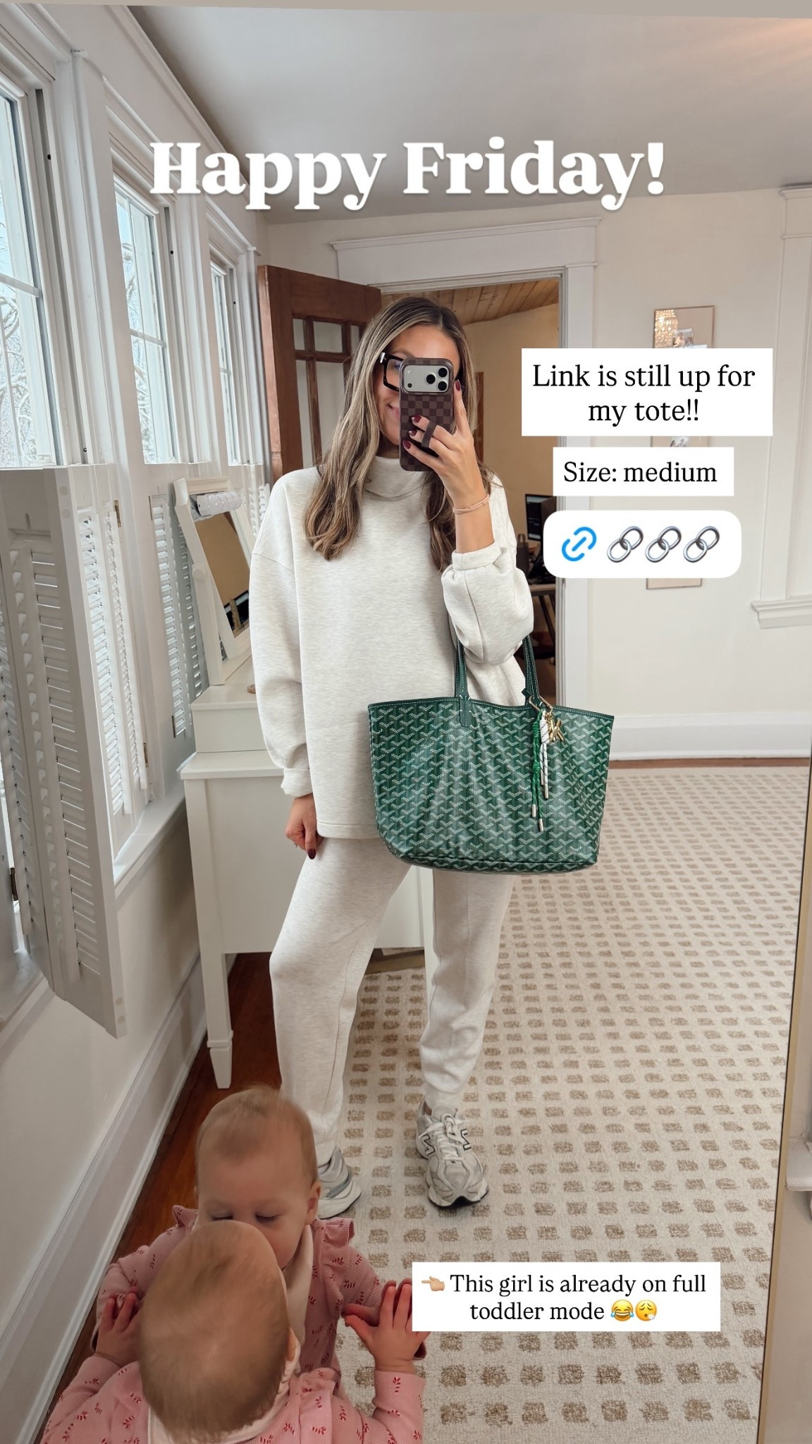 Happy Friday! Link is still up for my tote!! Size: medium 👈🏼 This girl is already on full toddler mode 😂😮‍💨