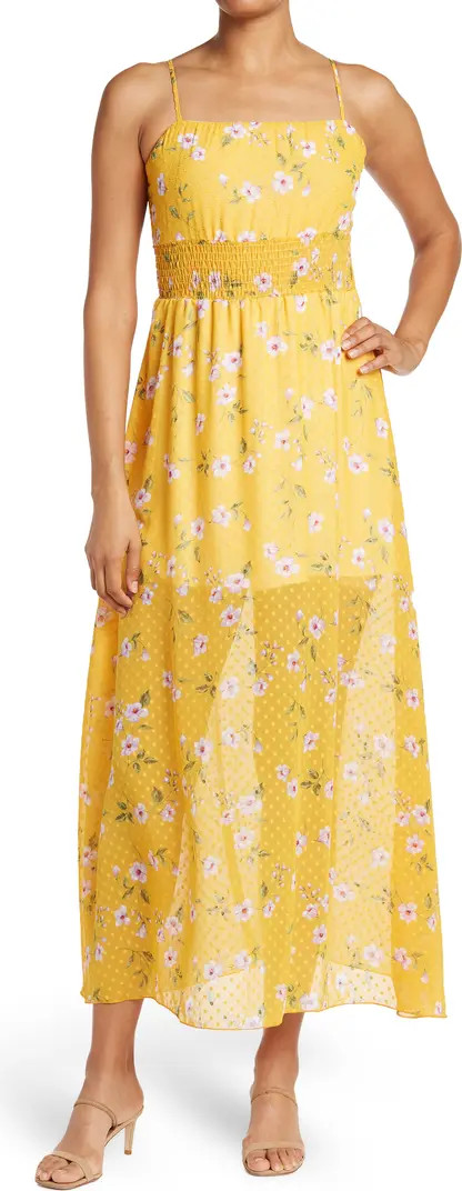 VELVET TORCH Floral Smocked Waist Dot Chiffon Midi Dress | Nordstromrack | Nordstrom Rack