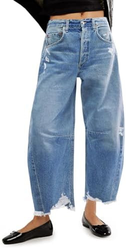 Cicy Bell Womens Baggy Barrel Jeans Cropped Boyfriend Wide Leg Raw Hem Denim Pants | Amazon (US)