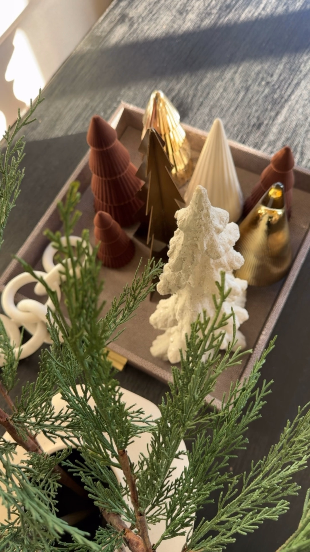 Holiday coffee table. 
A mix of trees. Love this dark brown velvet touch  

#LTKHome #LTKFindsUnder50 #LTKHoliday