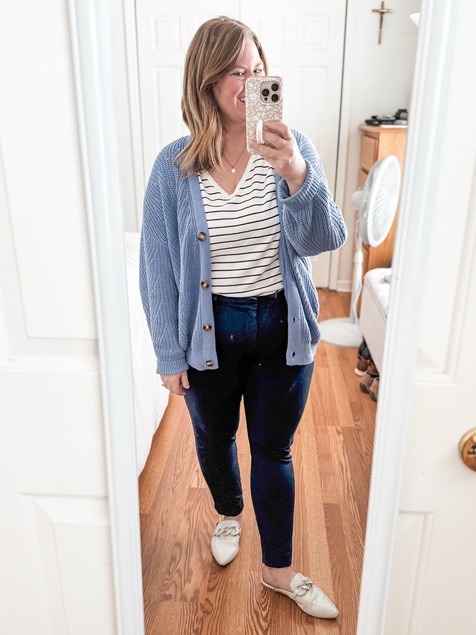 Teacher outfit!
Striped tee
Navy pants 
Cardigan 
Mules 

#LTKMidsize #LTKFindsUnder50 #LTKWorkwear