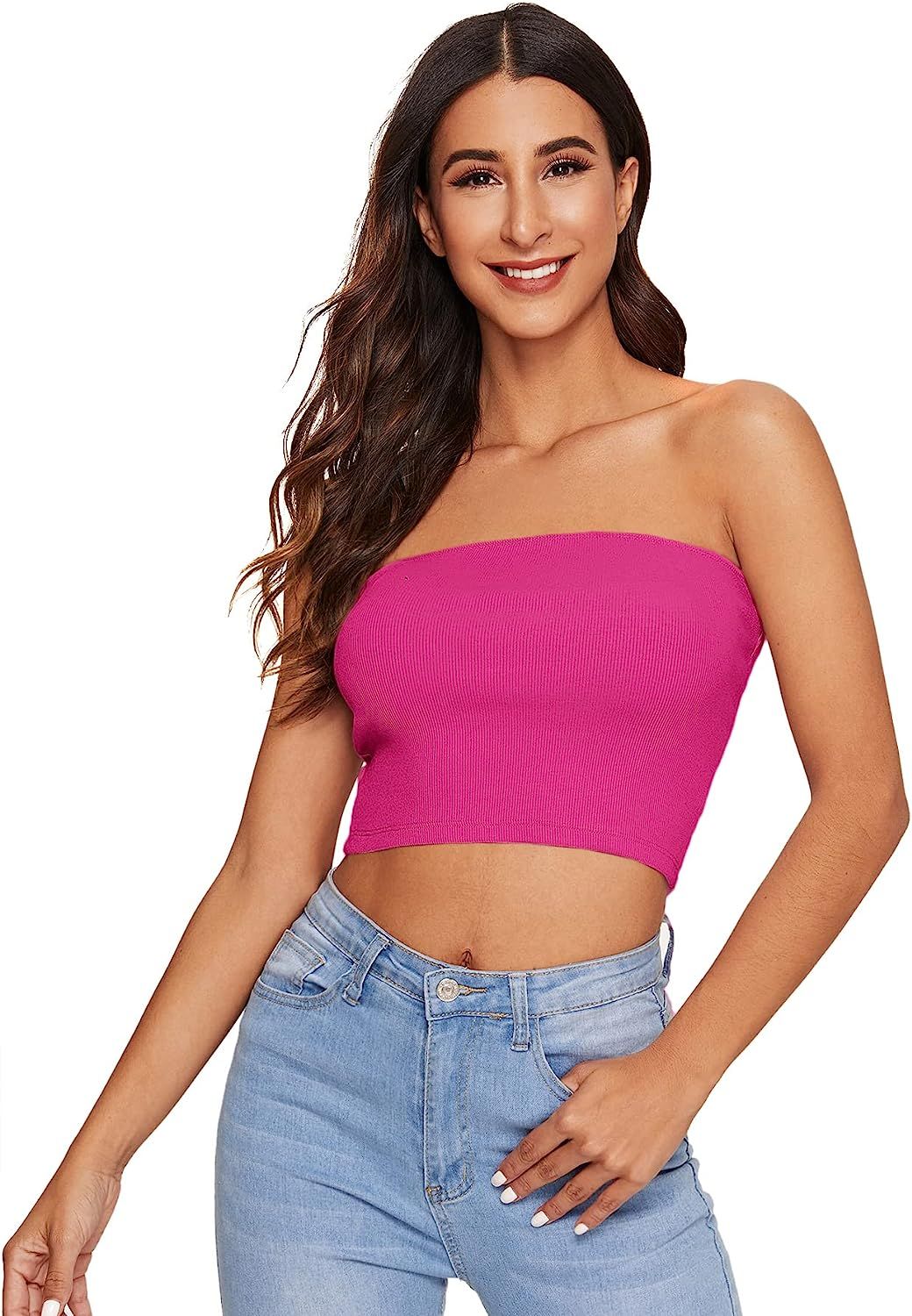 SheIn Women's Casual Summer Solid Knit Strapless Basic Crop Bandeau Tube Top | Amazon (US)