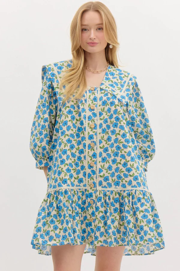 POPPY DROP WAIST DRESS IN BLUE FLORAL | Indigeaux Denim Bar & Boutique