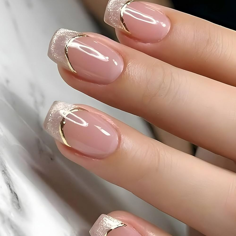French Tip Press on Nails Medium Square MABKJLF Nude Pink Fake Nails False Nails with Designs Gli... | Amazon (US)