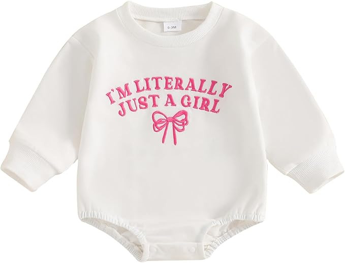 Newborn Baby Girl Outfit I'm Literally Just A Girl Bow Embroidery Sweatshirt Bubble Romper Cute L... | Amazon (US)