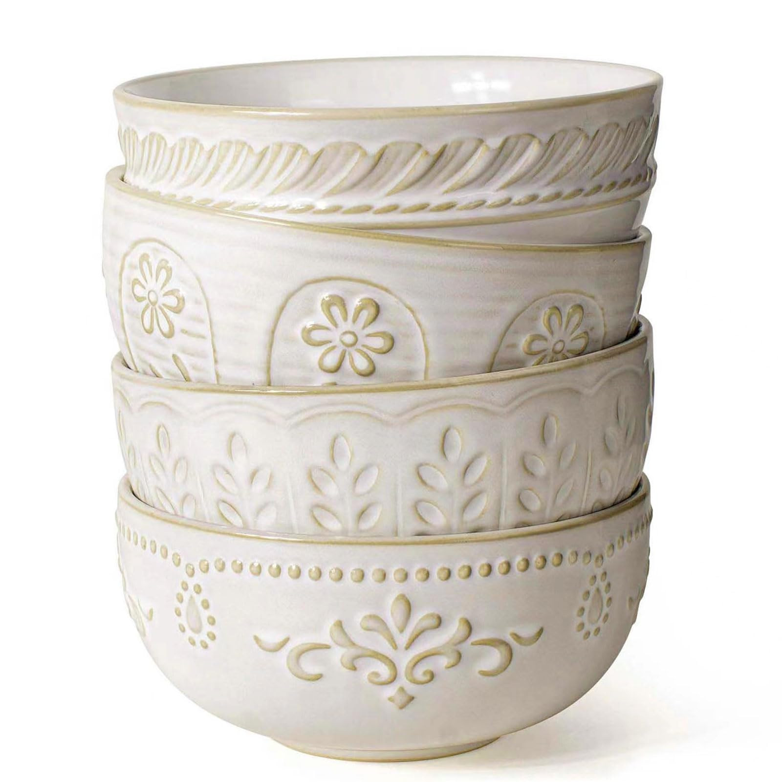Artena Soup Bowls 32 OZ, Cereal Bowls Set of 4, Embossment Ceramic Ramen Bowl, 6.3 Inch White Sal... | Amazon (US)