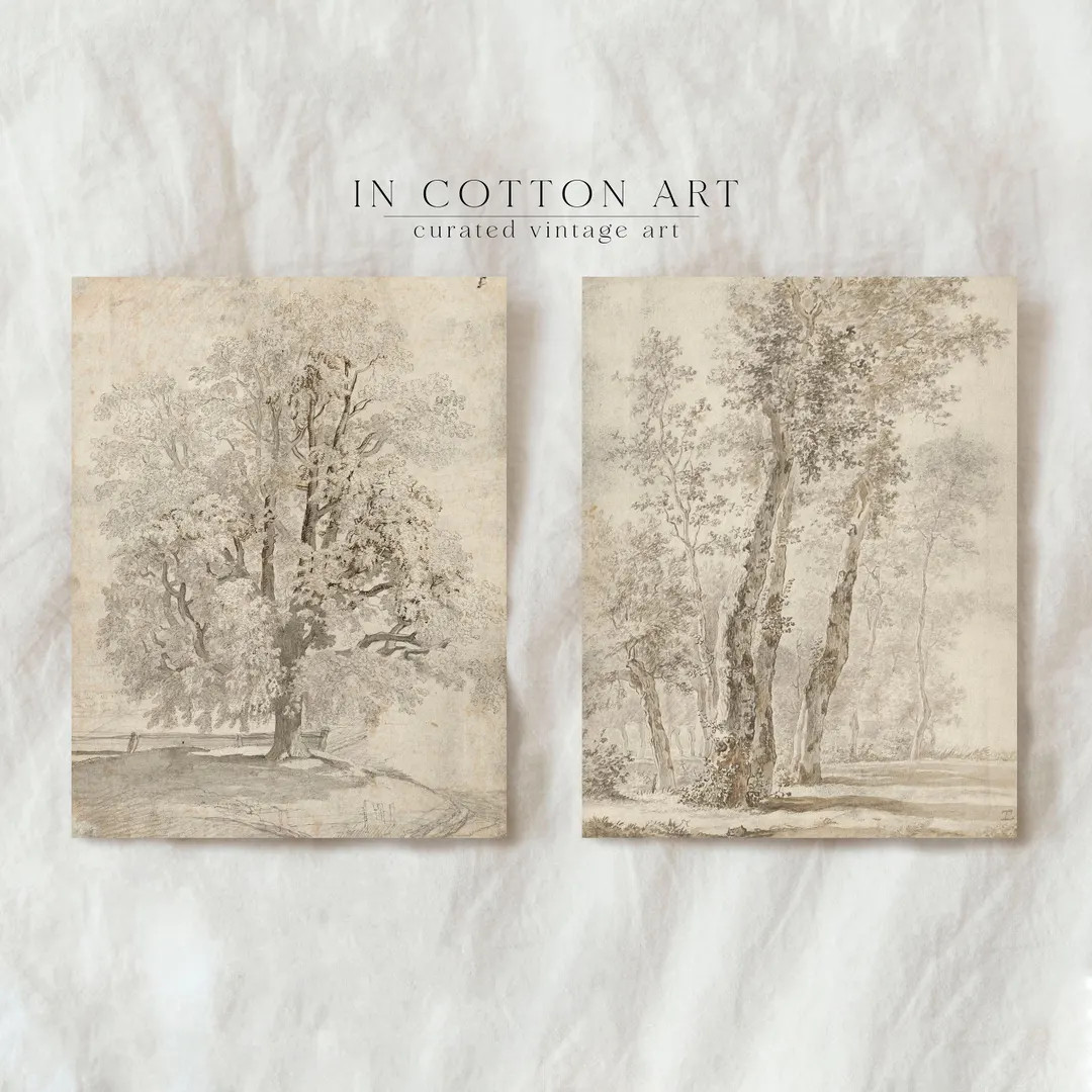 Neutral Vintage Drawing SET of Two / PRINTABLE Tree Sketch Country Art Print / Fall Art SET Digit... | Etsy (US)