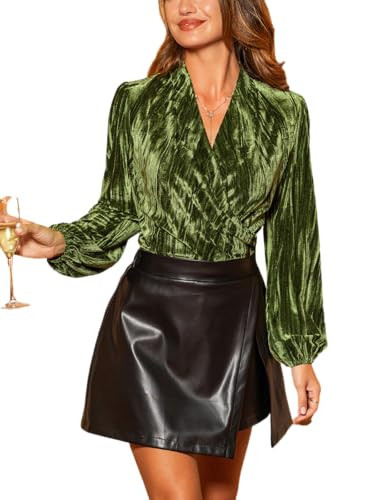 CUPSHE Women's Long Sleeve Velvet Tops Wrap V Neck Stretch Sexy Dressy Fall Shirts 2025 Green M | Amazon (US)