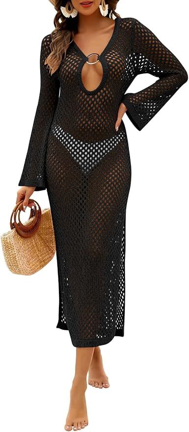 Caracilia Women Swimsuit Coverup Crochet Bathing Suit Swim Cover Ups for Swimwear Summer Long Sle... | Amazon (US)
