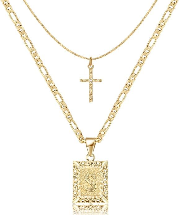 KELORIS PATH Gold Layered Initial Cross Necklace, 14K Gold Plated Layering Square Letter Pendant ... | Amazon (US)