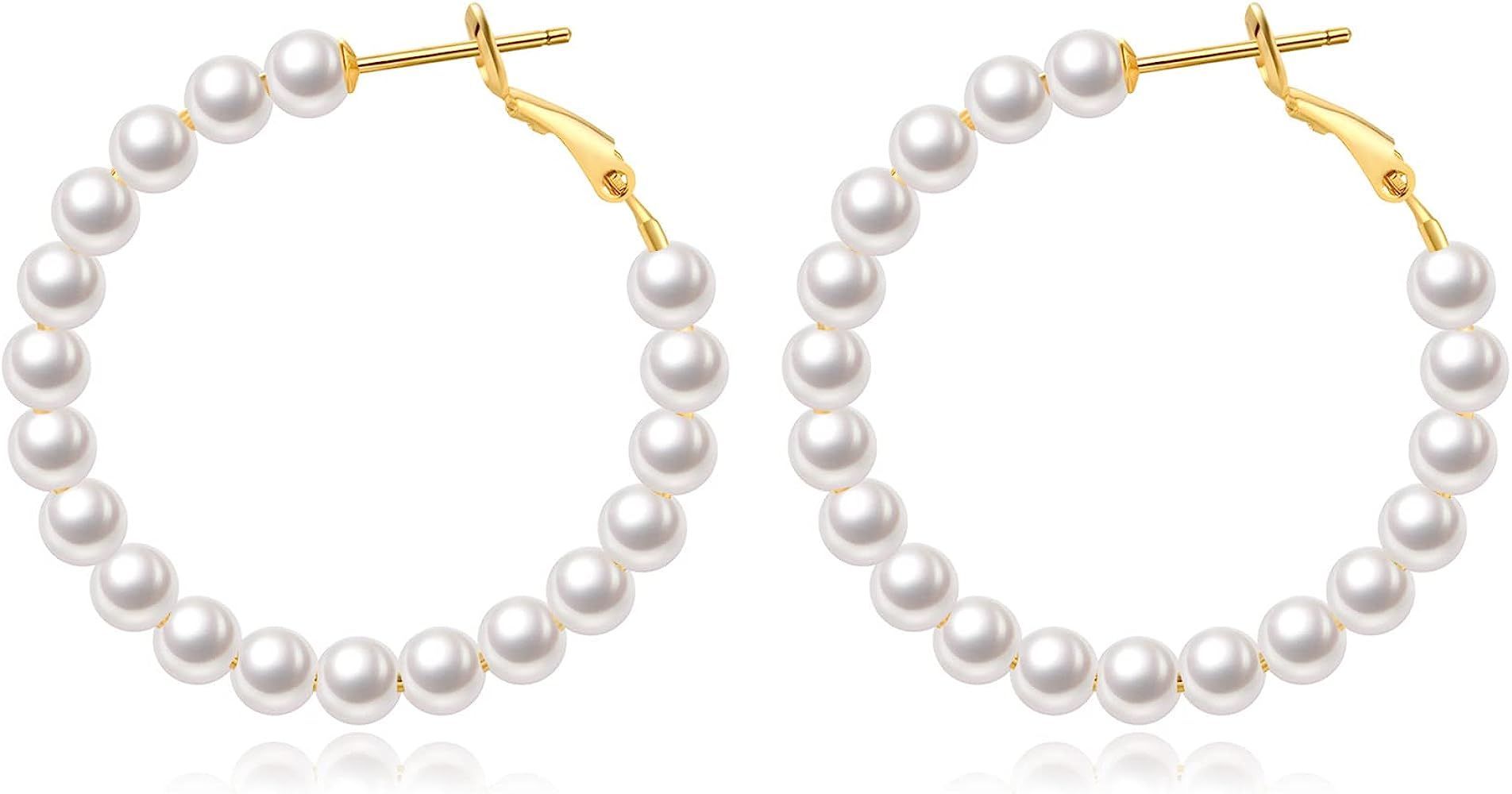 PRETOLE Pearl Hoop Earrings for Women Fashion Dangle Hypoallergenic Layer Earrings Drop Dangle Earri | Amazon (US)